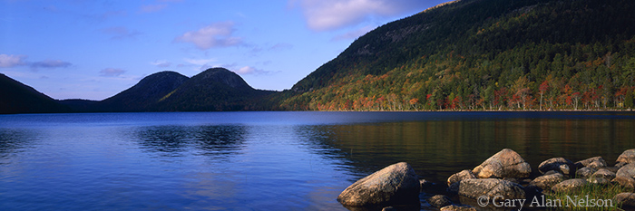 ME-96-24P-NP The Bubbles, glacially rounded hills, reflecting in Jordon Pond, Acadia National Park, Maine