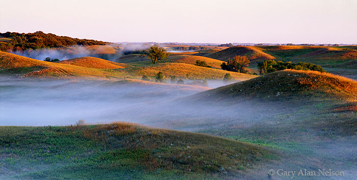 MN-04-114P-SC Low laying fog amidst the rolling glacial prairie landscpe of the Leaf Hills, Minnesota