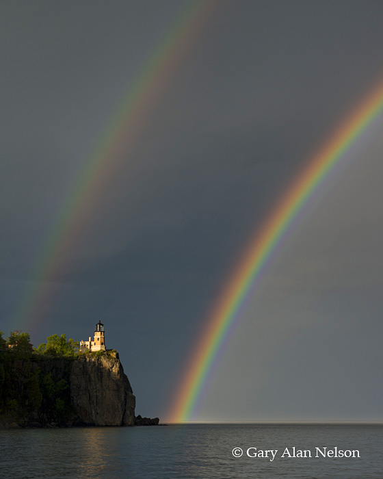 Double rainbow over Split Rock Lighthouse and Lake Superior, Split Rock Lighthouse State Park, Minnesota