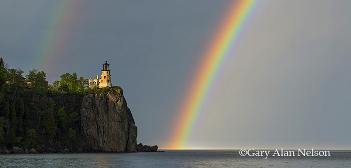 Double rainbow over Split Rock Lighthouse and Lake Superior, Split Rock Lighthouse State Park, Minnesota