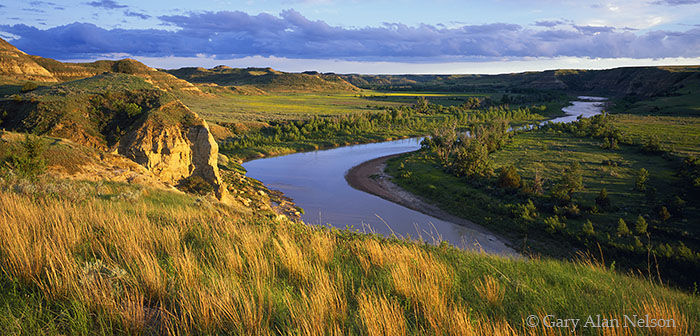 ND-98-12P-NP Little bluestem prairie grass and the Little Missouri River, Theodore Roosevelt National Park, North Dakota