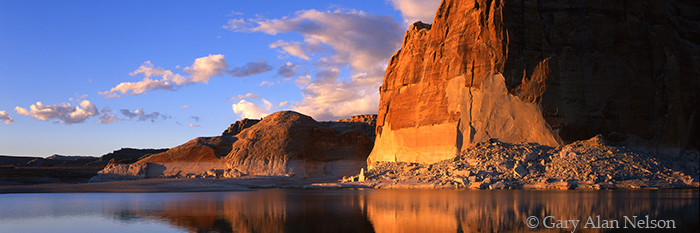 UT-03-6P-NRA Navajo Sandstone Cliffs reflecting in Lake Powell, Glen Canyon National Recreation Area, Utah