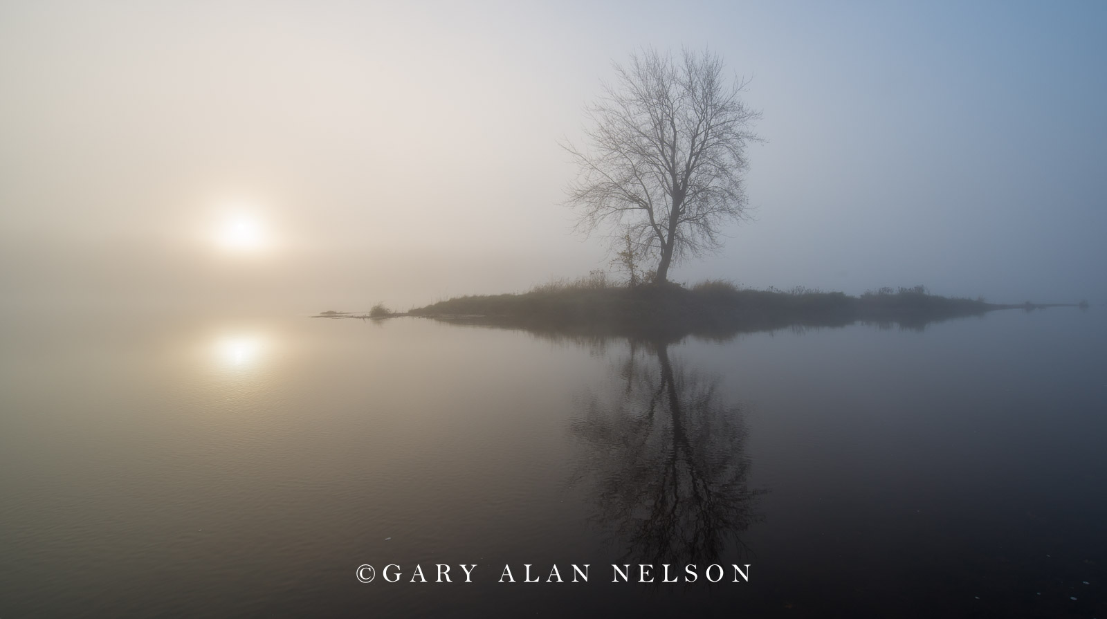 Rising sun and fog over an island on the St. Croix National and Scenic River, Minnesota/Wisconsin