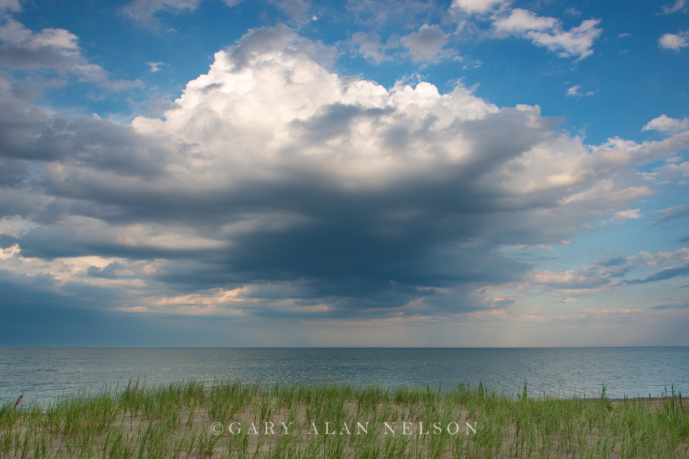 MI-12-8-GL Beach and grasses and clouds on Lake Huron, Lakeport State Park, Michigan