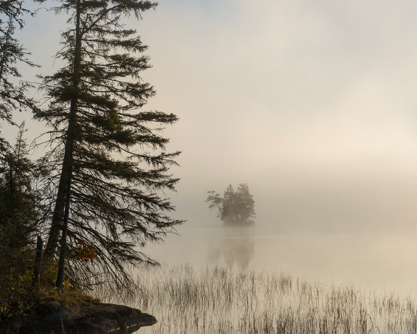 Island in fog, at dawn, Birch Lake, Superior National Forest, Minesota