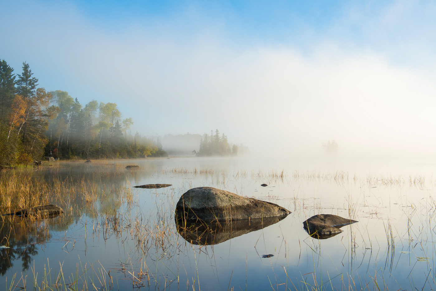 Boulders and fog on Birch Lake, Superior National Forest, Minnesota