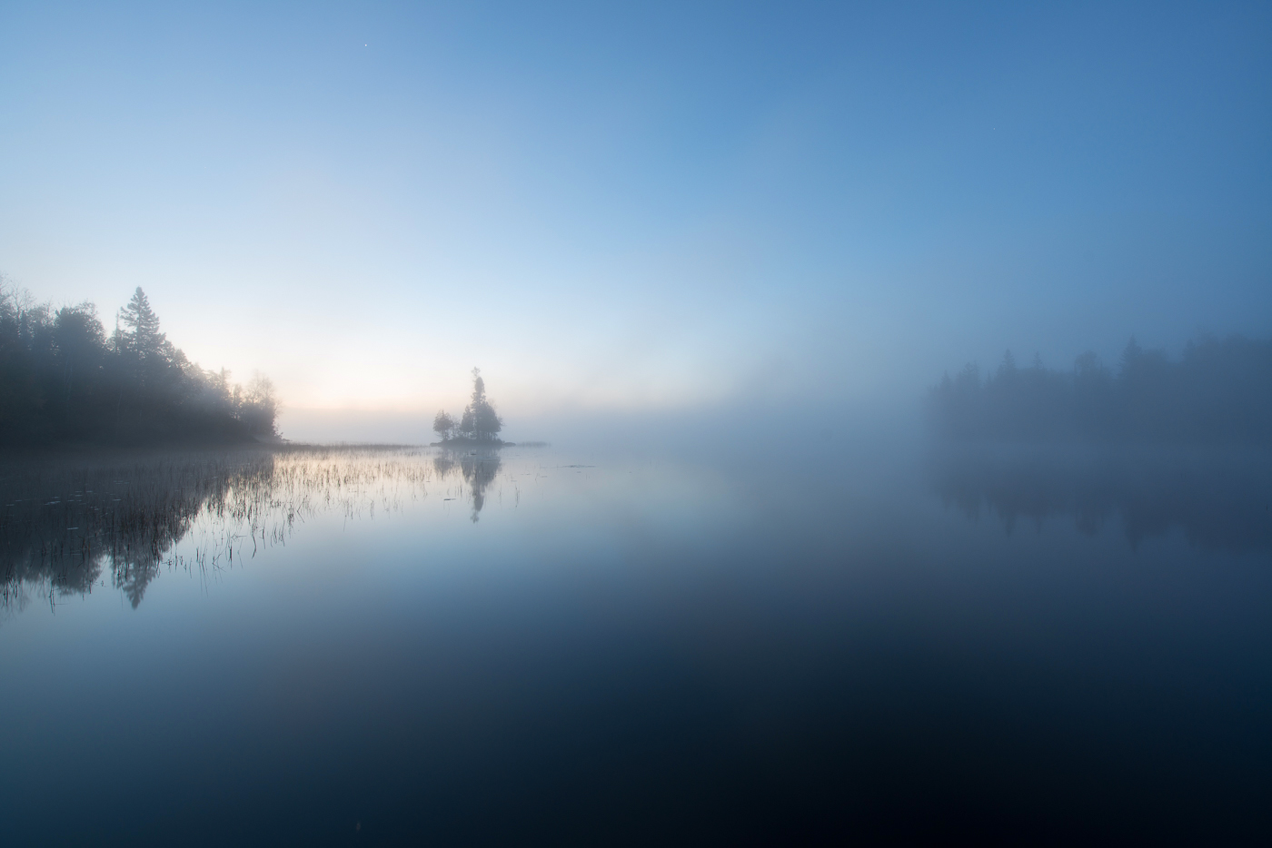 Island and fog at dawn, Birch Lake, Superior National Forest, Minnesota