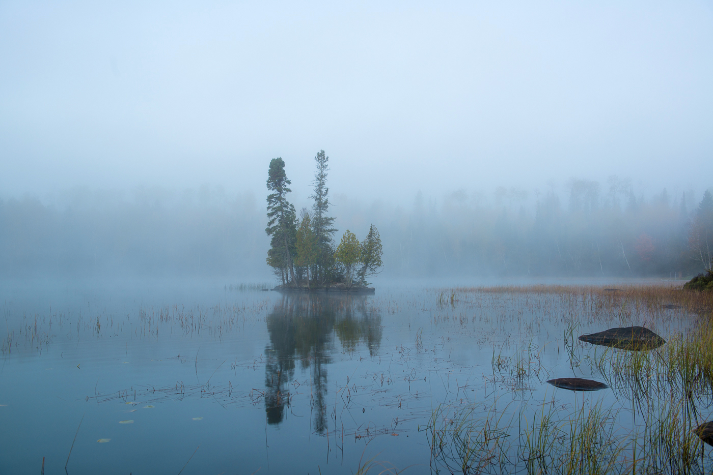 Island and fog at dawn, Birch Lake, Superior National Forest, Minnesota