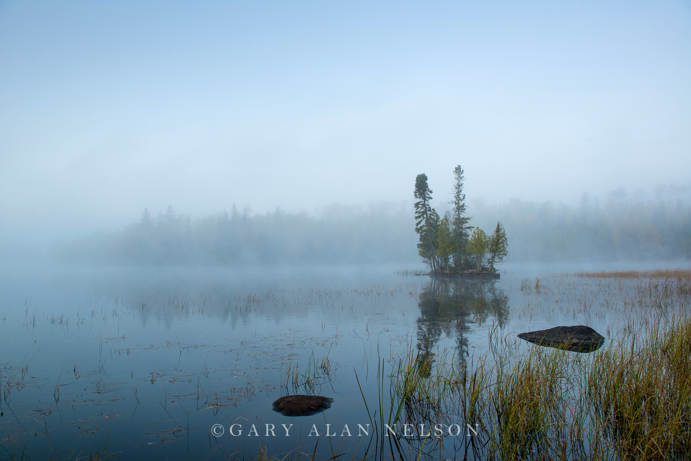 Island and fog at dawn, Superior National Forest, Minnesota