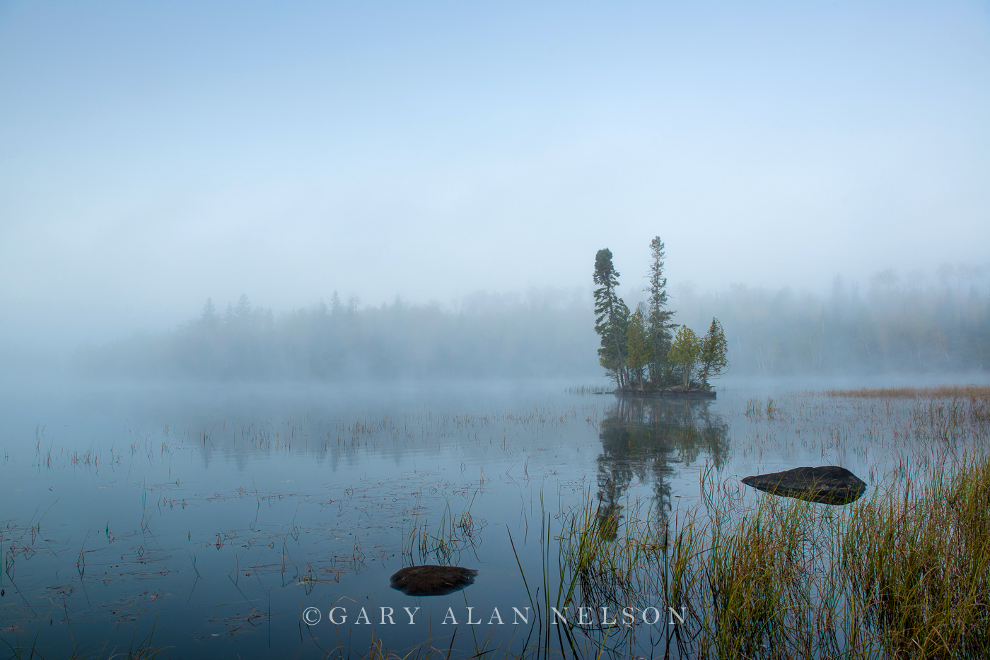 Island and fog at dawn, Superior National Forest, Minnesota