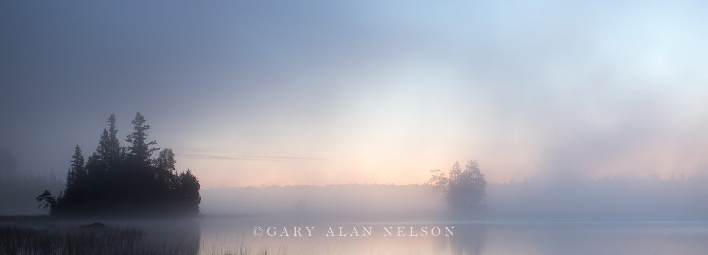 Fog and reflections at dawn, Superior National Forest, Minnesota