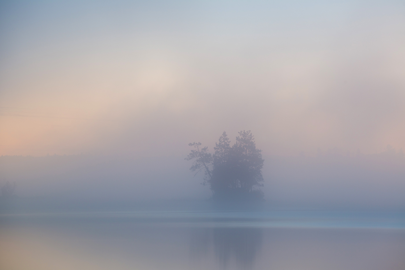 Fog and reflections at dawn, Birch Lake, Superior National Forest, Minnesota