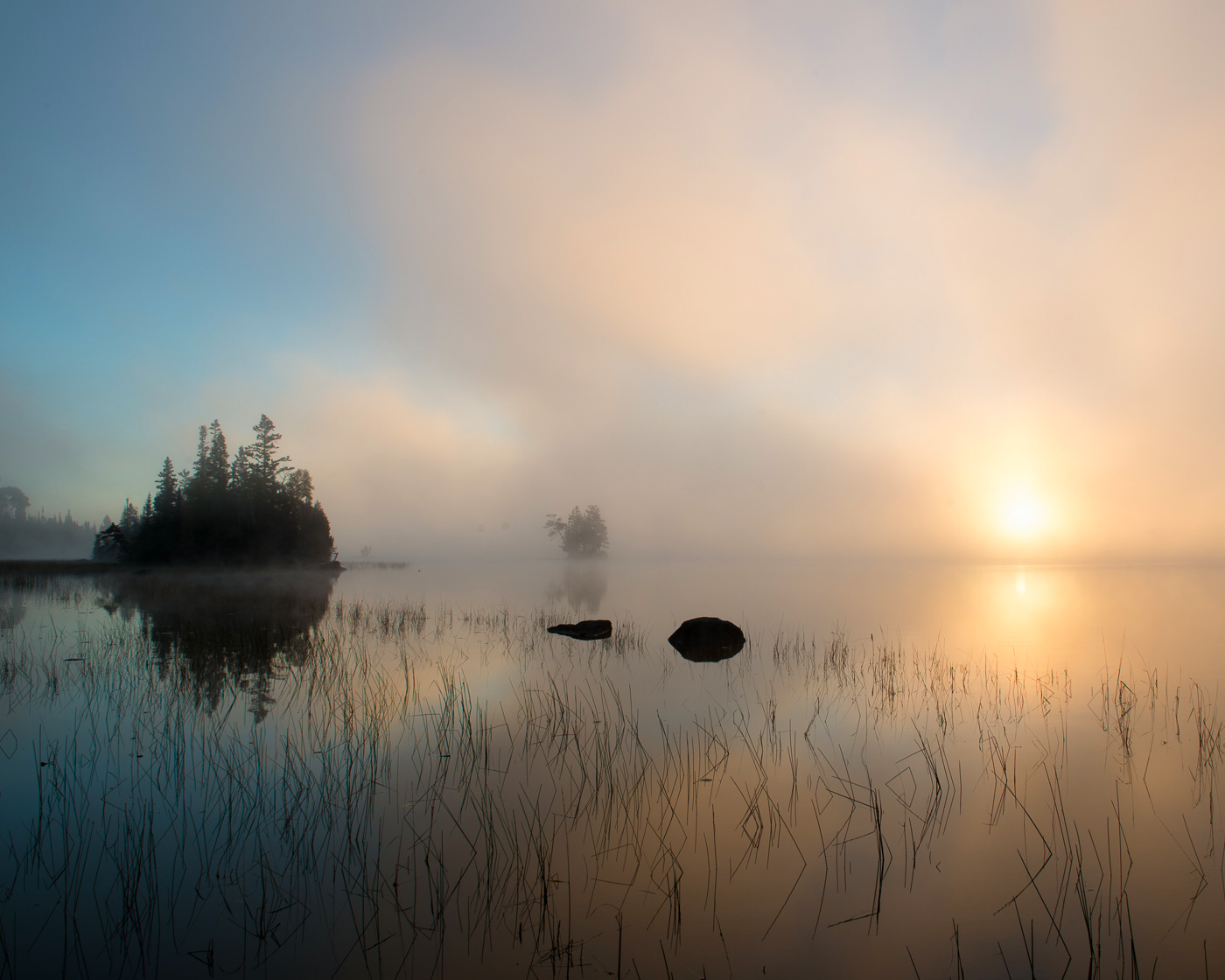 Fog and reflections at dawn, Birch Lake, Superior National Forest, Minnesota