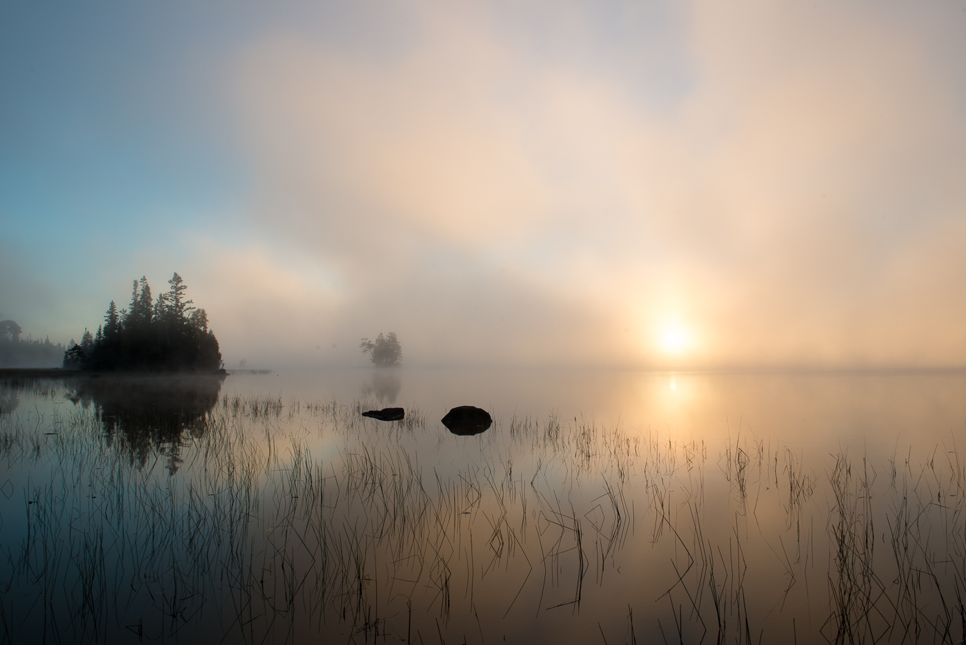 Fog and reflections at dawn, Birch Lake, Superior National Forest, Minnesota