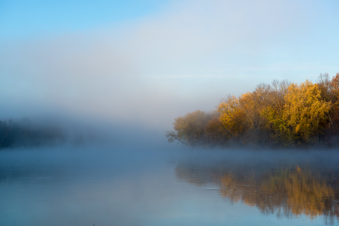 Fog over the Mississippi River in autumn, Crow Wing State Park, Minnesota.