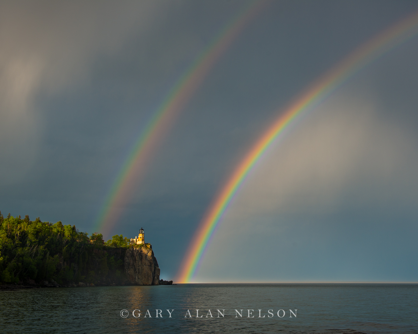 Double rainbow over Split Rock Lighthouse and Lake Superior, Split Rock Lighthouse State Park, Minnesota