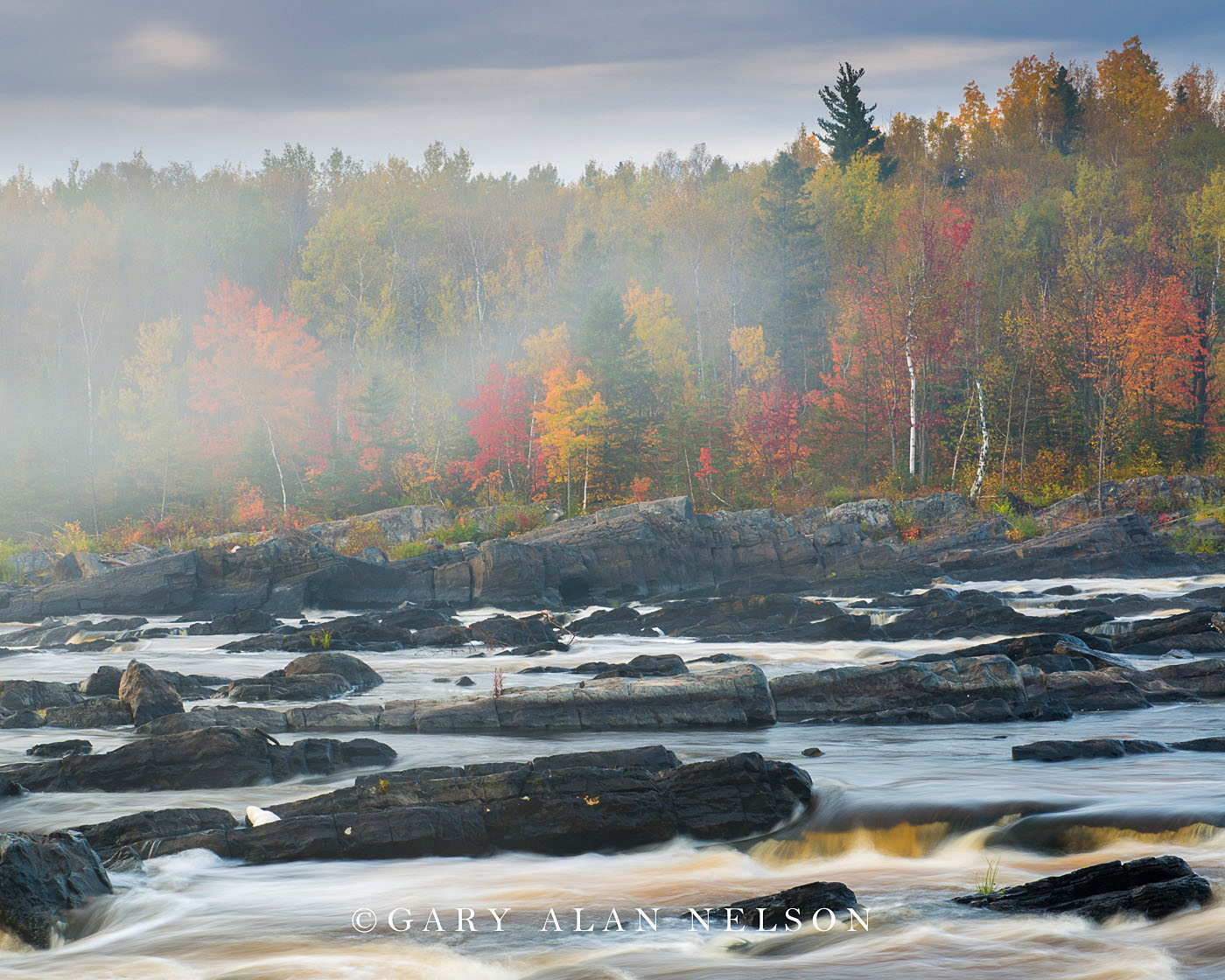 Rapids and fog on the St. Louis River in autumn, Jay Cooke State Park, Minnesota