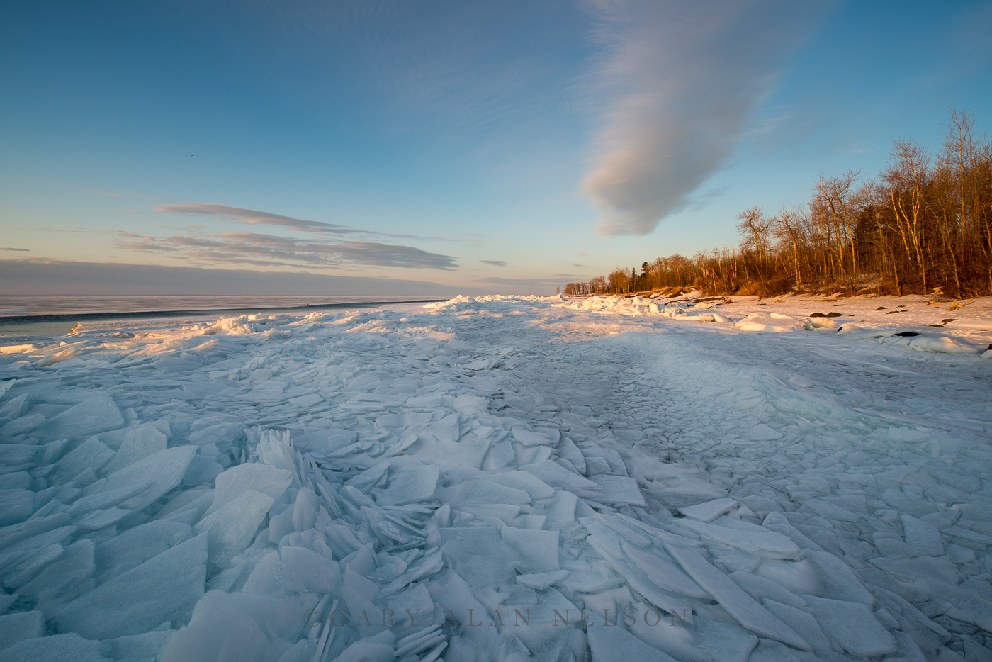 Piles of ice at dawn on the shore of Lake Superior, Minnesota