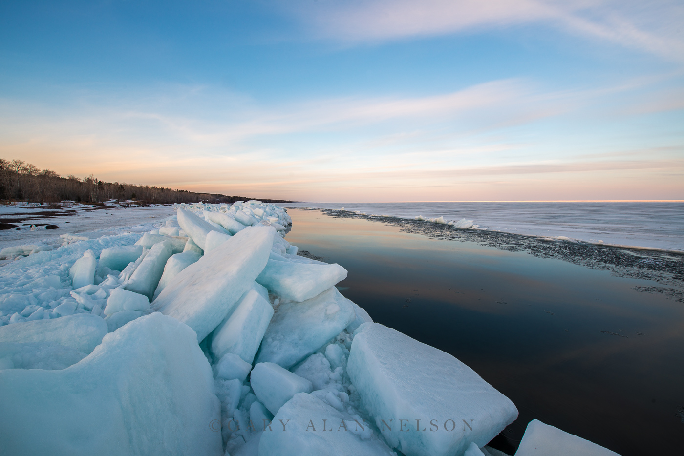 Blocks of ice and open water at dusk on Lake Superior, Minnesota