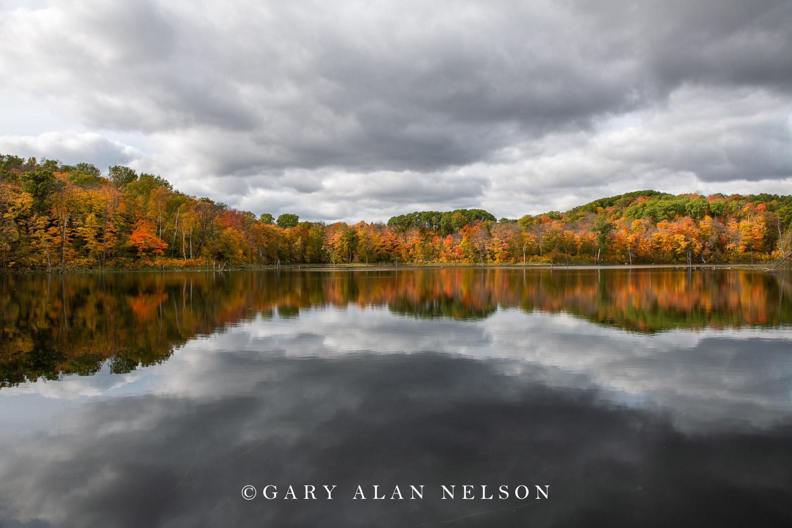 Clouds and autumn reflections on calm pond, Maplewood State Park, Minnesota